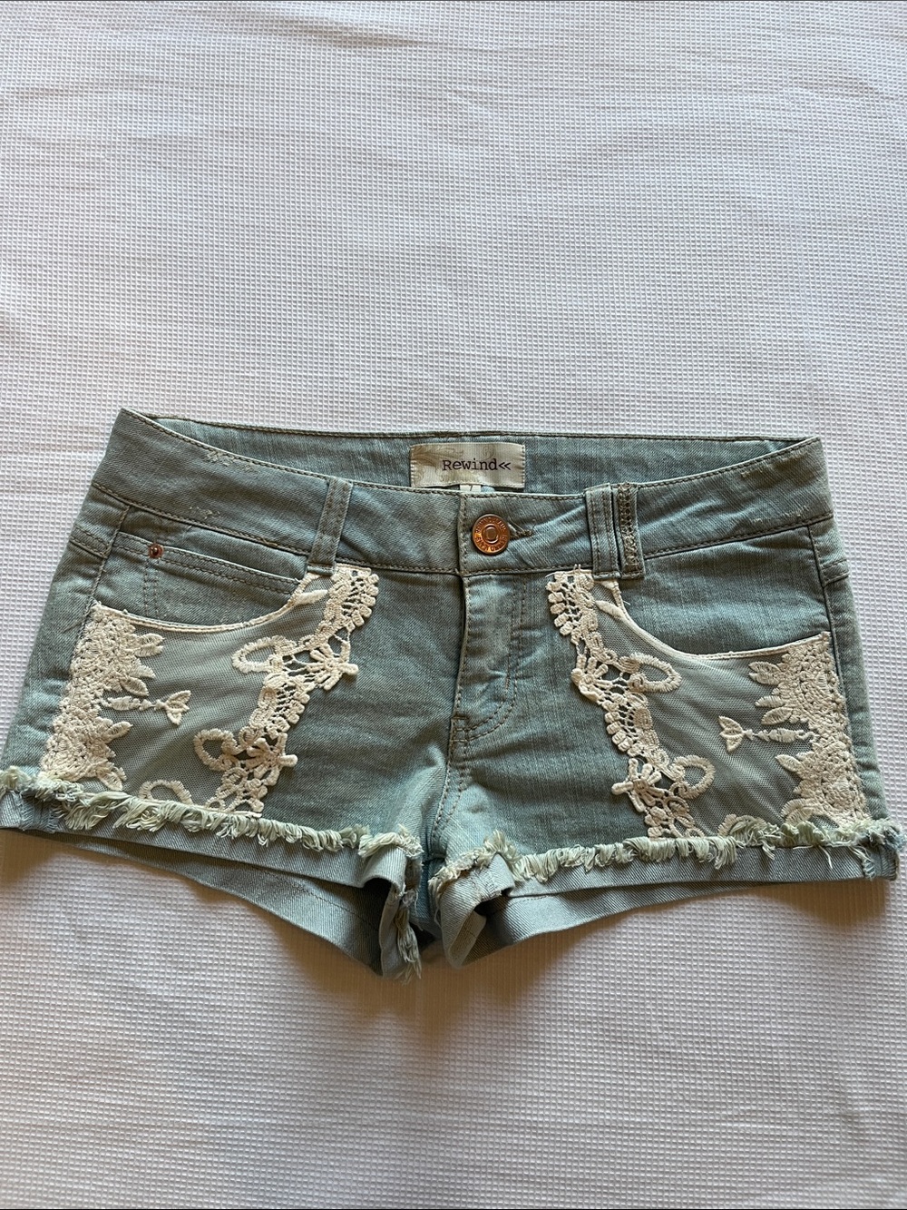 Rewind Denim Shorts with Cream Lace Appliqué size 7